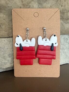 Handmade Polymer Clay Red Snoopy-on-Doghouse Dangle Earrings